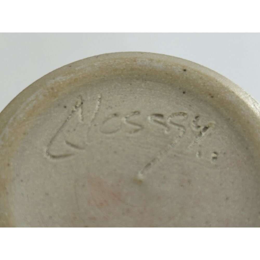 Studio Pottery Mug Tall 5 1/2 inches Drip Glaze Beige Brown Blue Signed Glosssy - Picture 6 of 16